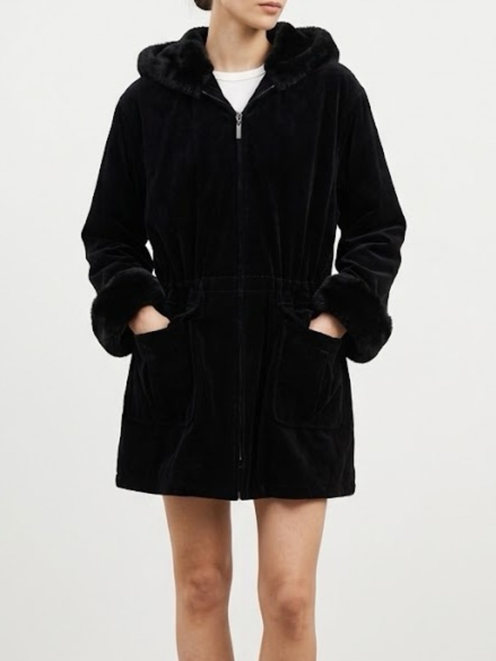 Gallery Black Velvet Faux Fur Trimmed Hooded Coat Large